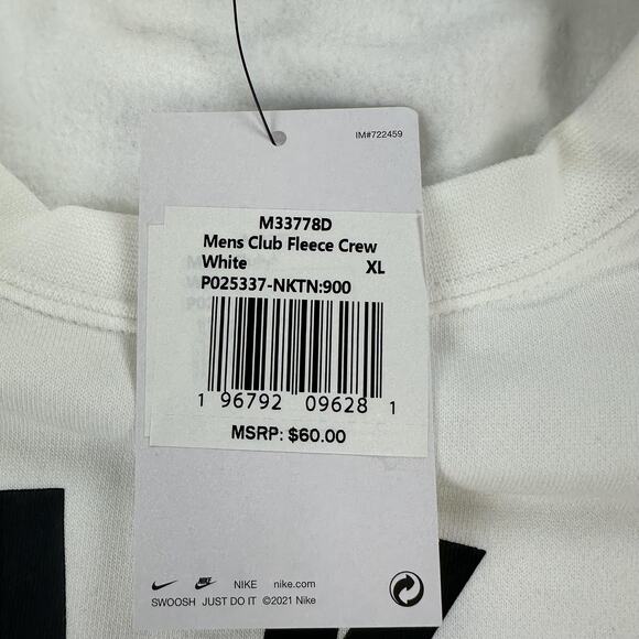 Nike Club Fleece Sweatshirt Mens XL White Crewneck Tennis Pullover Swoosh Crew - Picture 5 of 9